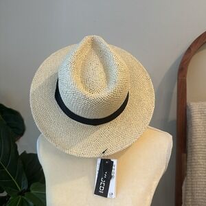 New H&M Women's Large 58 Straw Summer Hat Wide Brim Sun Outdoor Black‎ Ribbon